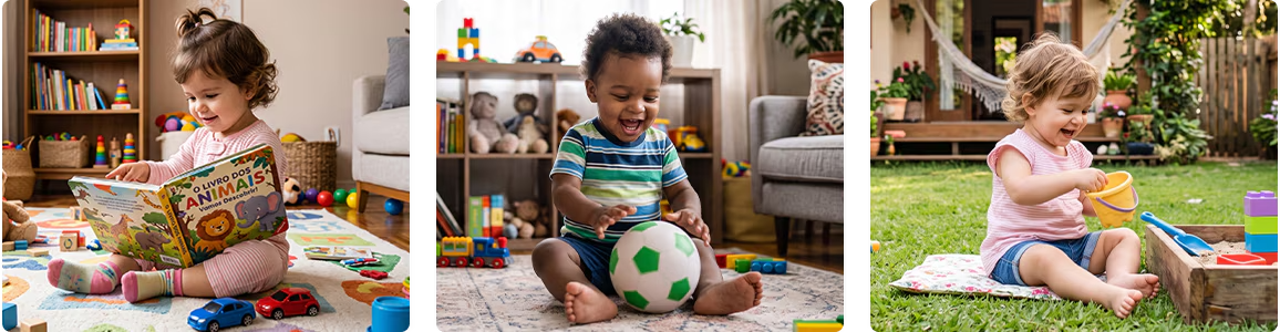 Crian&ccedil;as lendo e brincando em casa e ao ar livre