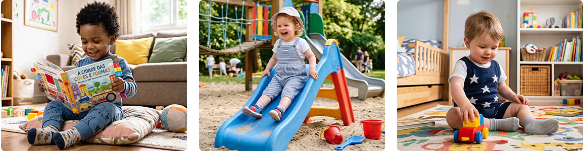 Crian&ccedil;as lendo, brincando no parque e em casa