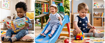 Crian&ccedil;as lendo, brincando no parque e em casa