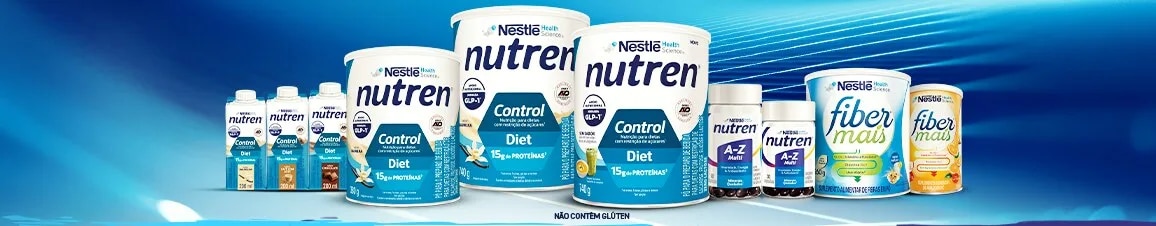 Produtos Nutren Control, Nutren e FiberMais sobre fundo azul