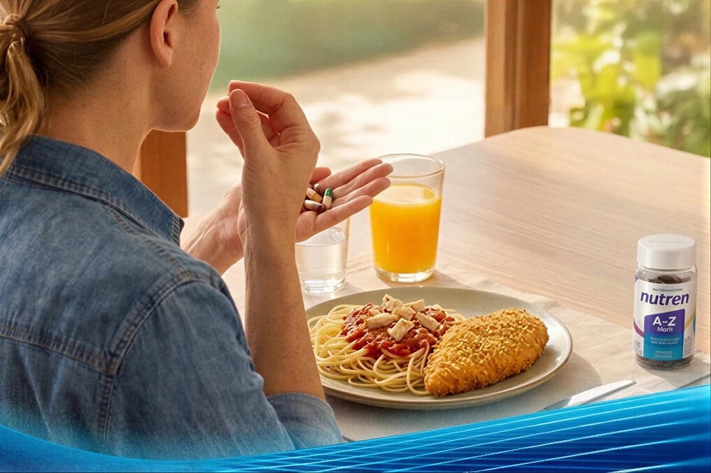Mulher à mesa com prato de macarrão e frango, suco de laranja e frasco de Nutren A-Z