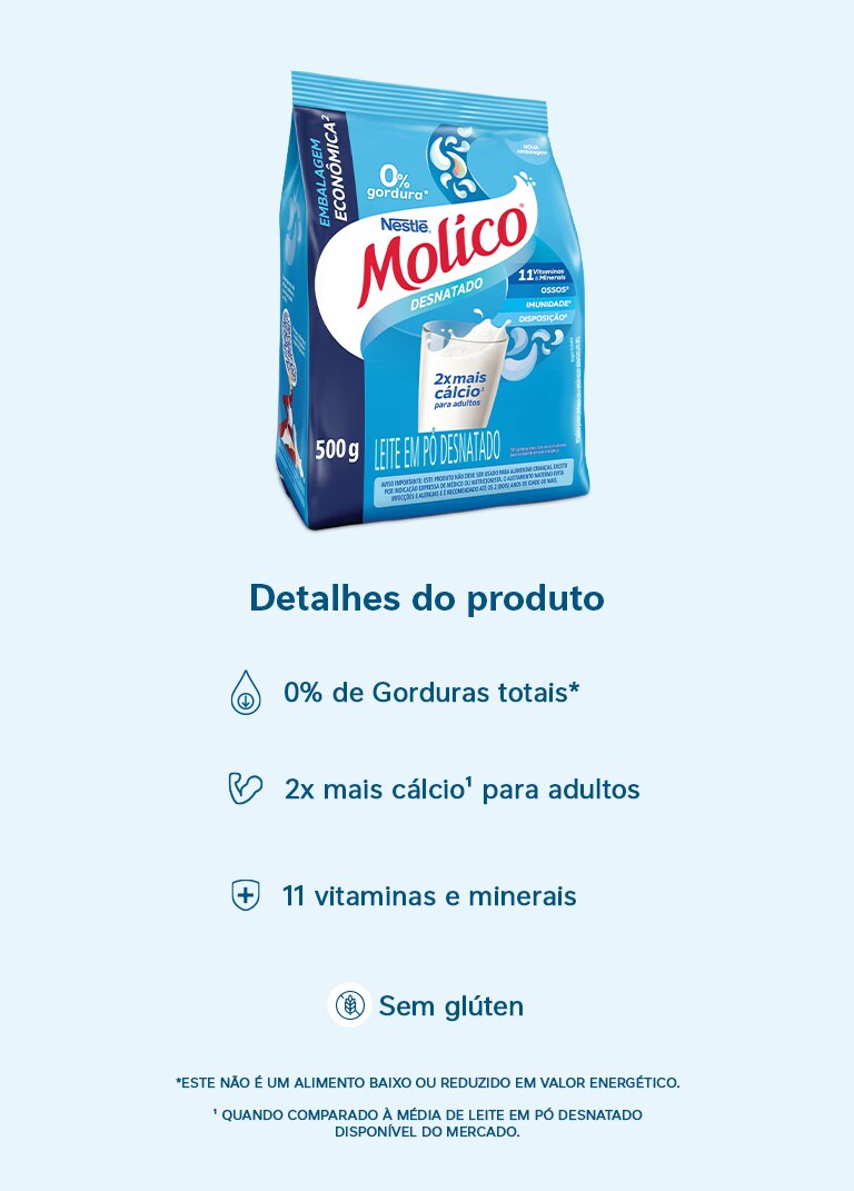 Molico Desnatado Sachê 500g - Leite em Pó Desnatado
