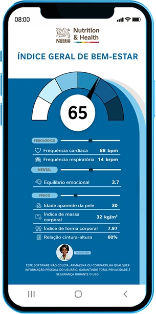 Tela do Espelho do Bem-Estar destacando os indicadores físicos: idade aparente da pele, índice de massa corporal e índice de forma corporal