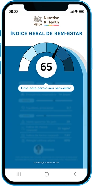 Tela do Espelho do Bem-Estar com o índice geral de bem-estar em 65