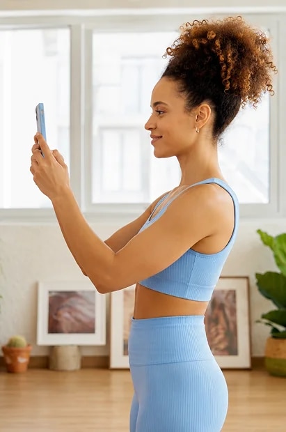 Pessoa de perfil segurando o celular na altura dos olhos